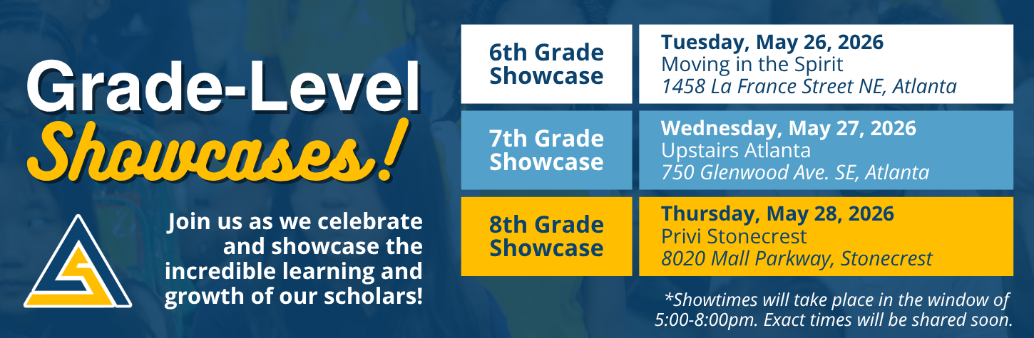A graphic showing the times, dates, and locations for TAS' grade-level showcases.